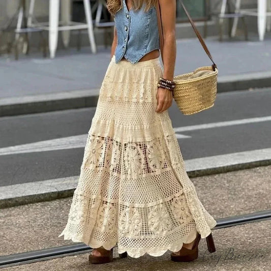 Hollow Out Maxi Skirt Solid Color A-line Hook Romantic Holiday Beige / One Size skirt-250126