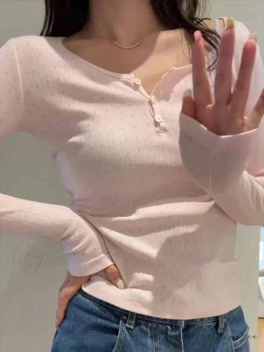 Hollow Out Pink Long Sleeve Sexy Slim Top Knit Top Pink / One Size knittop-250126