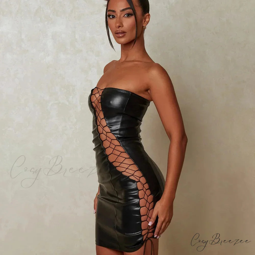 Hollow Out PU Leather Strapless Sleeveless Bodycon Party Short Mini Dress Black / S