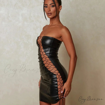 Hollow Out PU Leather Strapless Sleeveless Bodycon Party Short Mini Dress Black / S