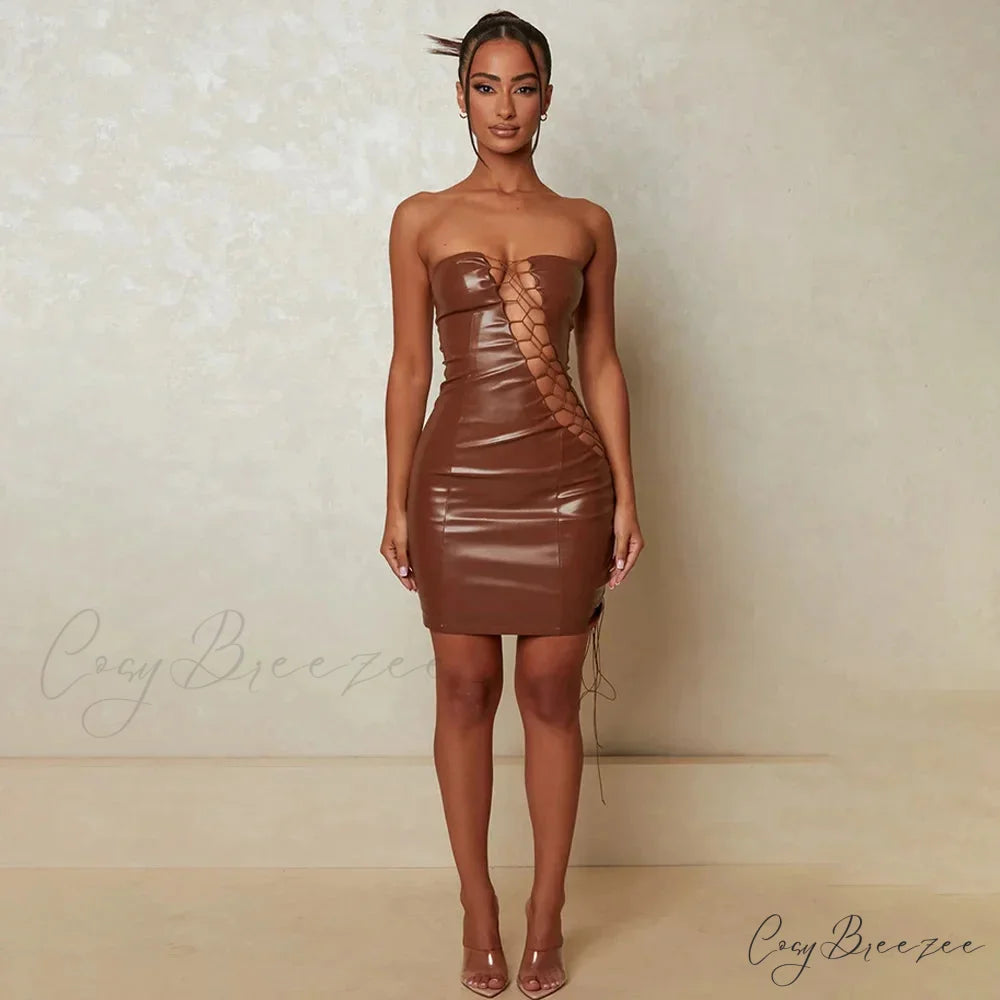 Hollow Out PU Leather Strapless Sleeveless Bodycon Party Short Mini Dress Brown / S