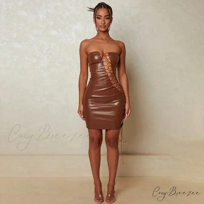 Hollow Out PU Leather Strapless Sleeveless Bodycon Party Short Mini Dress Brown / S