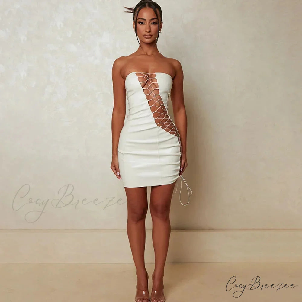 Hollow Out PU Leather Strapless Sleeveless Bodycon Party Short Mini Dress WHITE / S