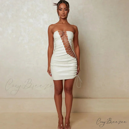 Hollow Out PU Leather Strapless Sleeveless Bodycon Party Short Mini Dress WHITE / S