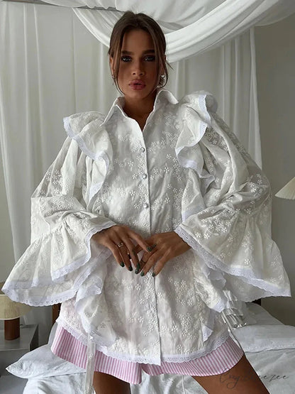Hollow Out Ruffled Edge White Blouse blouse-250223