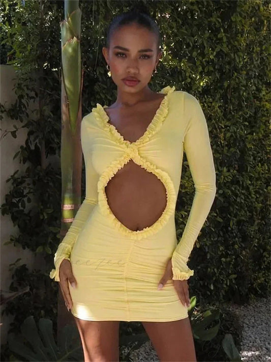 Hollow-Out Ruffled Mini Dress Yellow / S minidress-250223