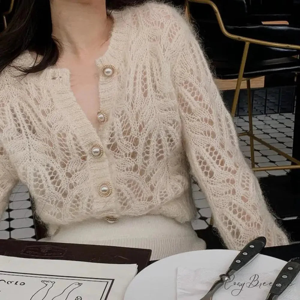 Hollow Out Single Breasted Spring Knit Cardigan Ivory / S cardiagn-250126