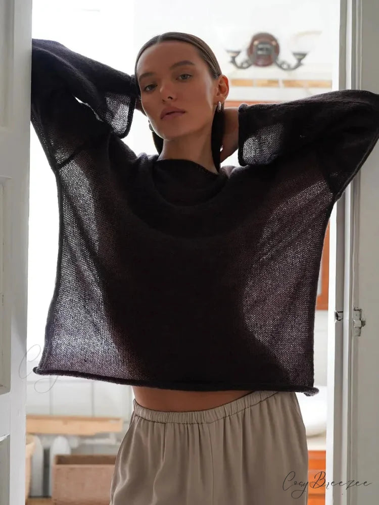Hollow See-through O-neck Long Sleeve Sweater Brown / S swraters-241228