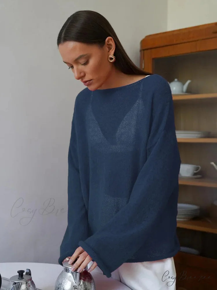 Hollow See-through O-neck Long Sleeve Sweater Navy Blue / S swraters-241228
