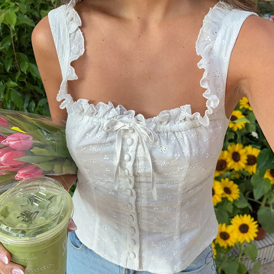 Hollowed Eyelet Ribbon Crop Top WHITE / S croptop-250223