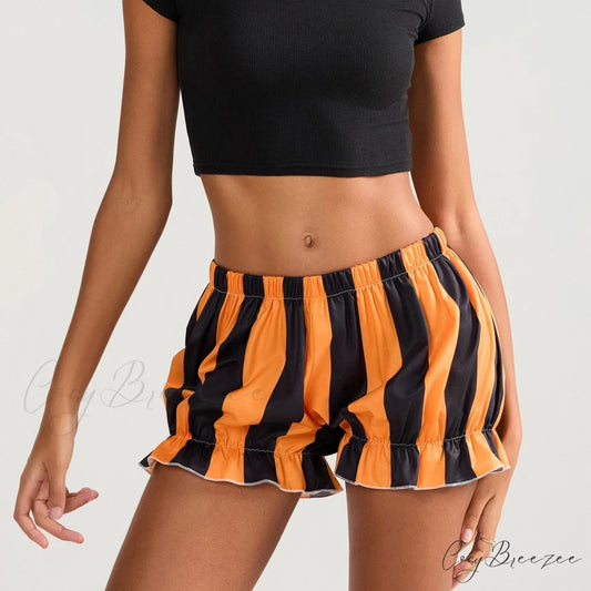 Holloween Stripe Elastic Waist Shorts Orange / S short-250223