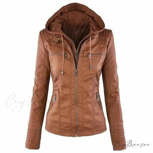 Hooded Leather Jacket Brown / XS