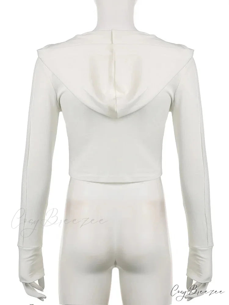Hooded Ribbed Long Sleeve Deep V Neck Solid Color Slim Fit T-shirts