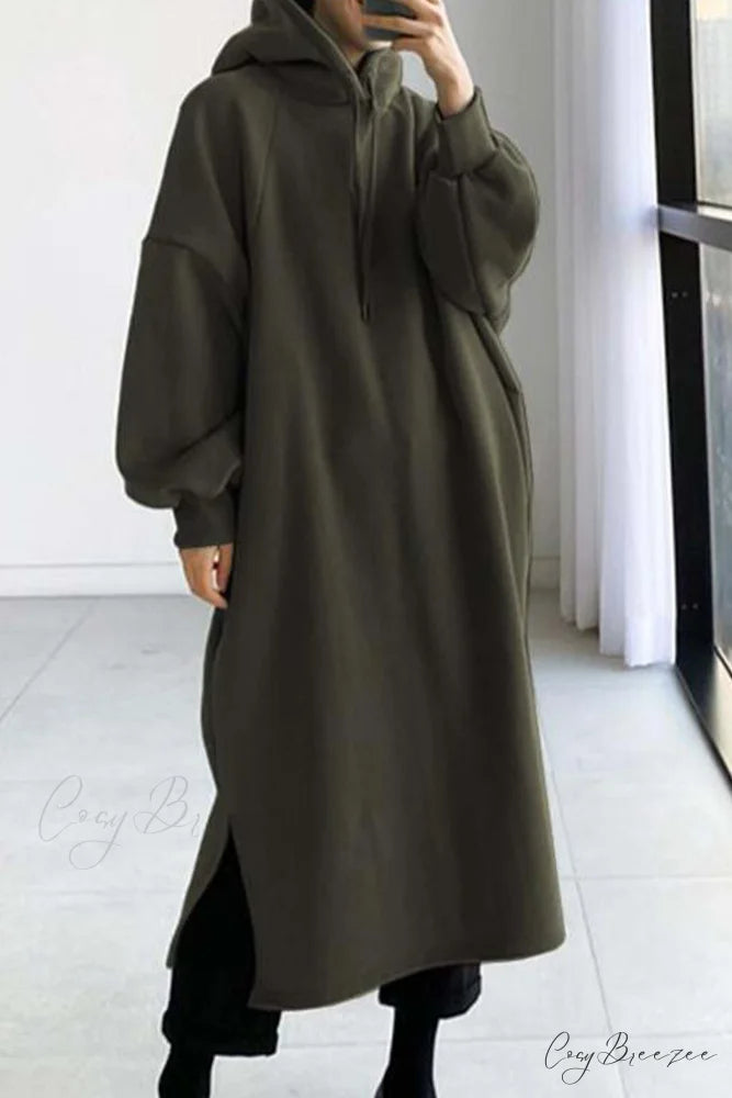 Hooded Sweatshirt Dress with Drop Shoulder Army Green / S