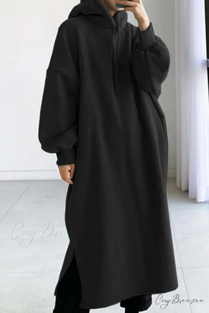 Hooded Sweatshirt Dress with Drop Shoulder Black / S