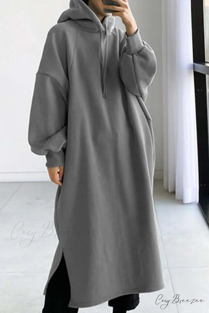 Hooded Sweatshirt Dress with Drop Shoulder Grey / S