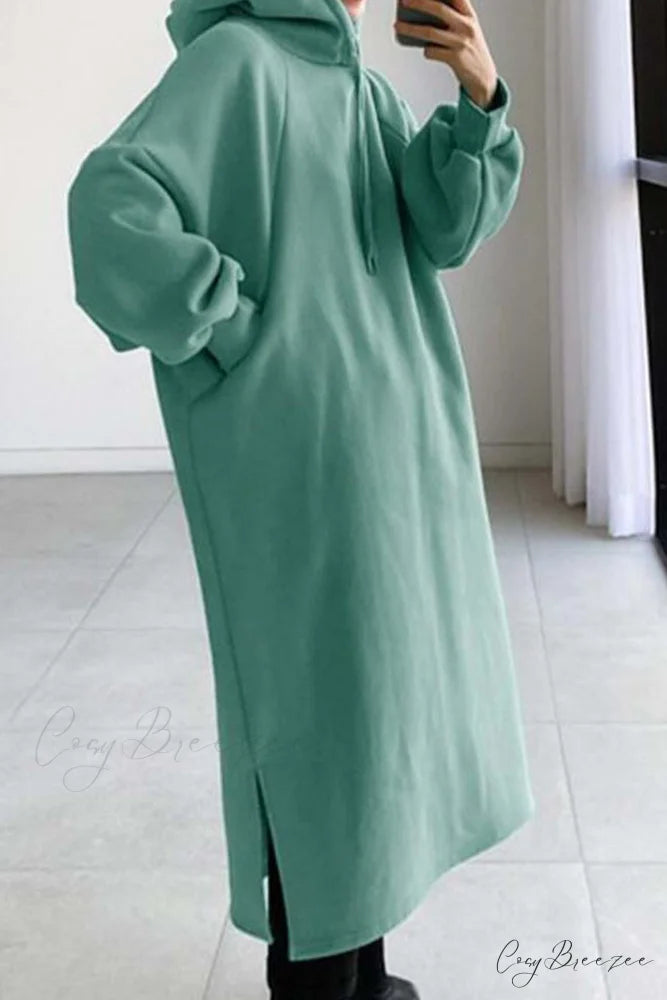 Hooded Sweatshirt Dress with Drop Shoulder Light Green / M