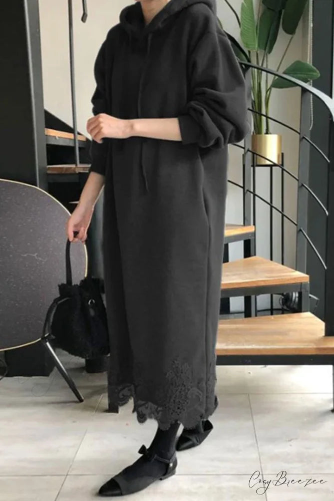 Hoodie Dress with Lace Hem Black / XL