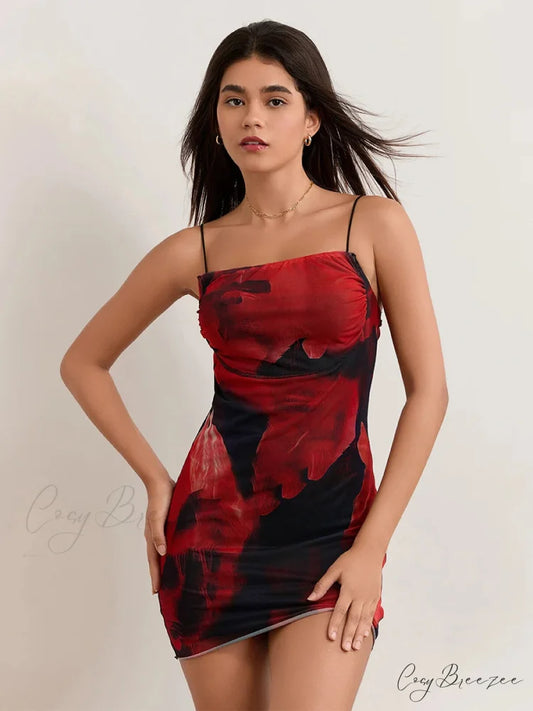 Hot Floral Print Sheath Backless Spaghetti Mini Nightclub Dress RED / S floraldress-250126