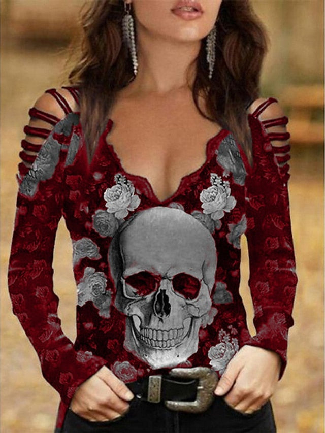 Women's Flowered Off Skull Design Arm Black Painting Regular Cut Out Going Shoulder Blouse Burgundy Tops Neck Basic Tee Fit Halloween Blue Flowered Wine Out Blouse Long Weekend Casual V Cold