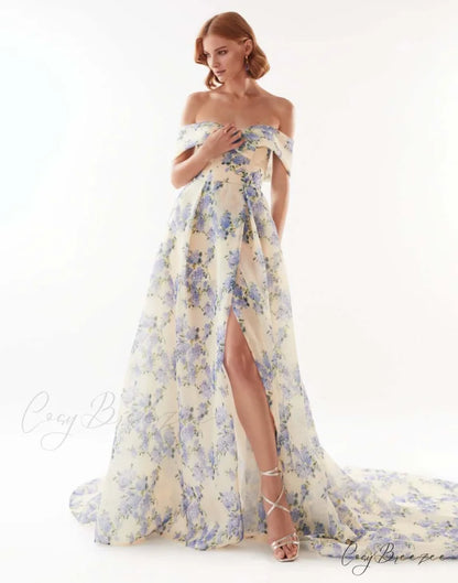 Hydrangea Chic Off-The-Shoulder Charming Floral Maxi Dress