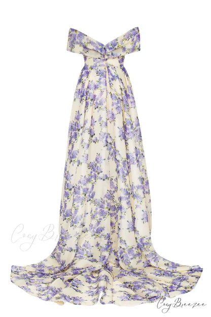 Hydrangea Chic Off-The-Shoulder Charming Floral Maxi Dress