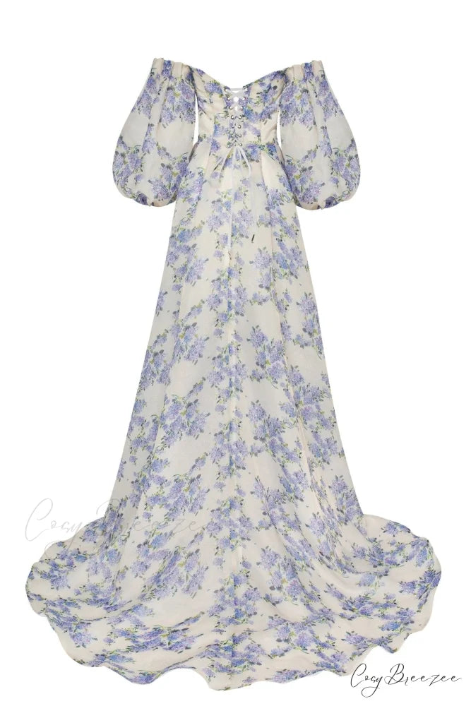 Hydrangea Elegant Floral Charming Puff Sleeve Maxi Dress