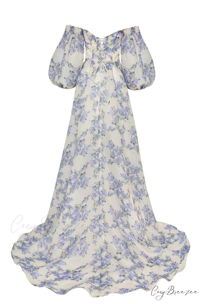 Hydrangea Elegant Floral Charming Puff Sleeve Maxi Dress