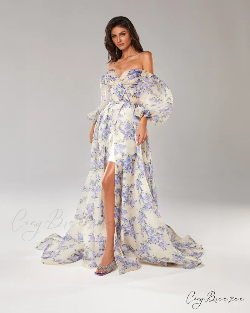 Hydrangea Elegant Floral Charming Puff Sleeve Maxi Dress