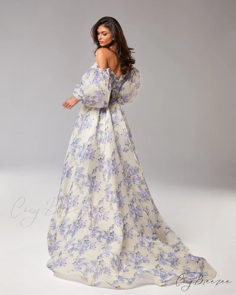 Hydrangea Elegant Floral Charming Puff Sleeve Maxi Dress