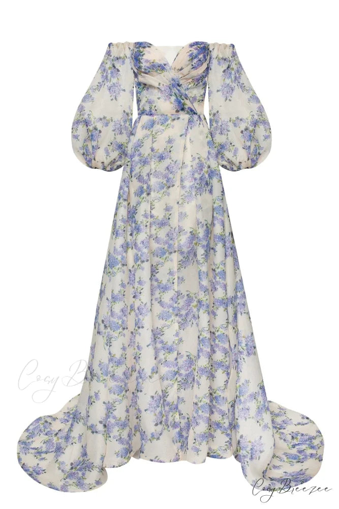 Hydrangea Elegant Floral Charming Puff Sleeve Maxi Dress XXS / Hydrangea / White Underskirt