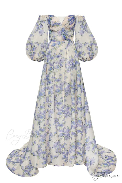 Hydrangea Elegant Floral Charming Puff Sleeve Maxi Dress XXS / Hydrangea / White Underskirt