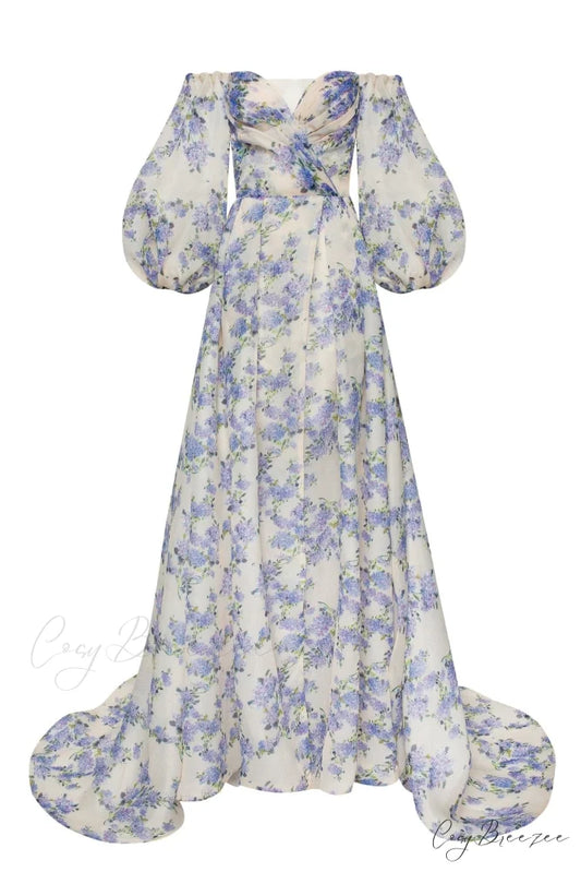 Hydrangea Elegant Floral Charming Puff Sleeve Maxi Dress XXS / Hydrangea / White Underskirt