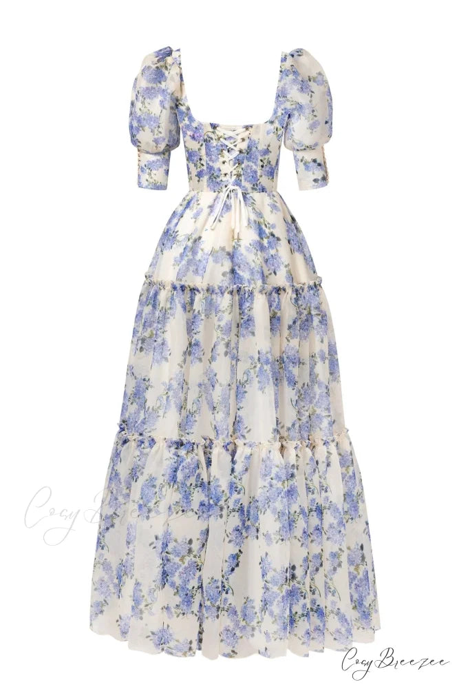 Hydrangea Feminine Voluminous Charming Sheer Sleeves Dress