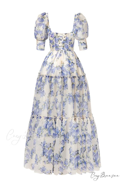 Hydrangea Feminine Voluminous Charming Sheer Sleeves Dress