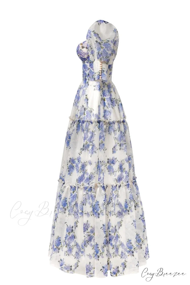 Hydrangea Feminine Voluminous Charming Sheer Sleeves Dress