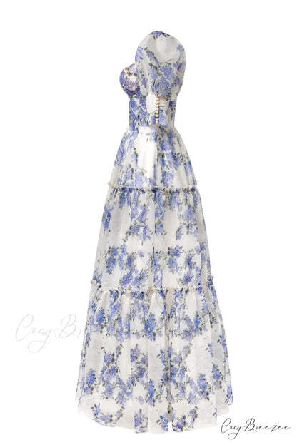Hydrangea Feminine Voluminous Charming Sheer Sleeves Dress