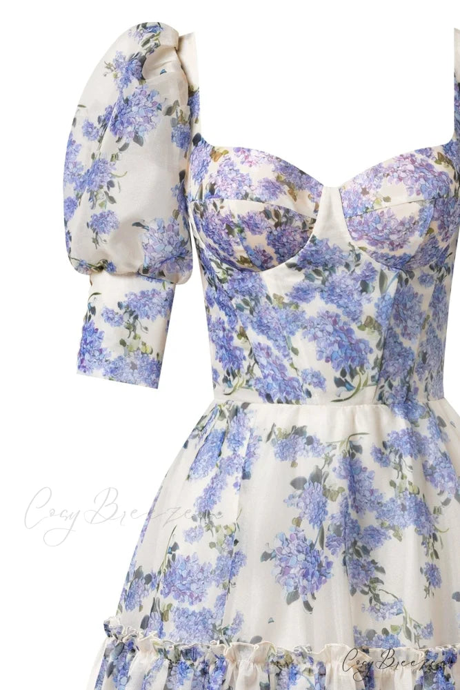 Hydrangea Feminine Voluminous Charming Sheer Sleeves Dress