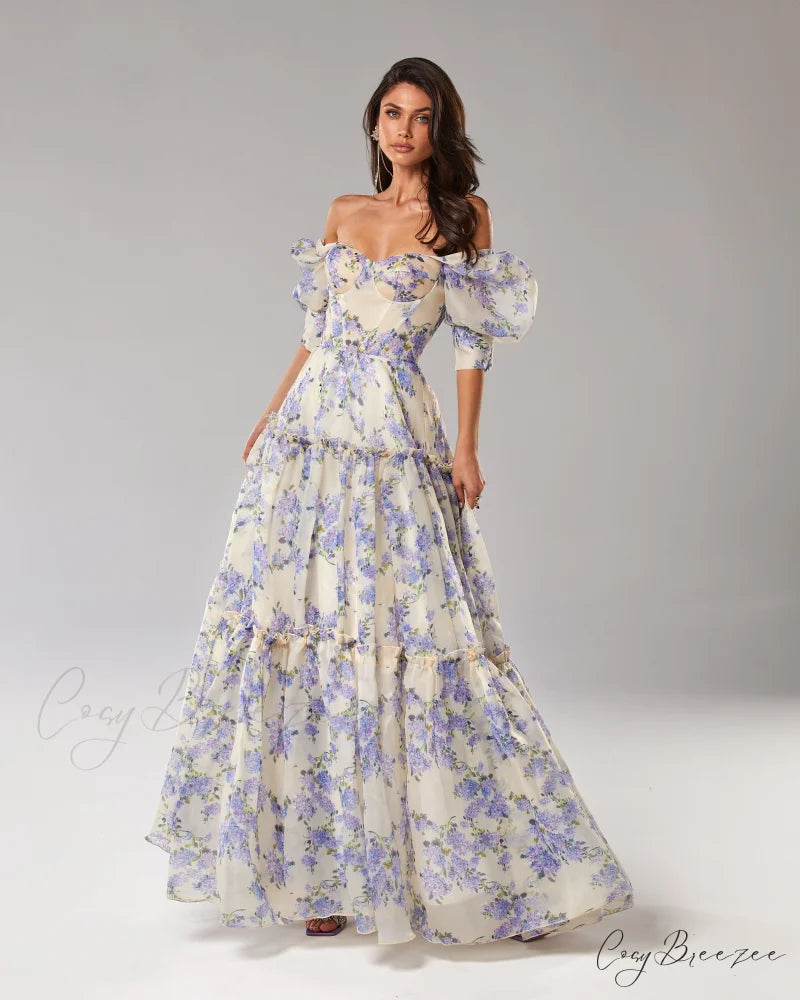 Hydrangea Feminine Voluminous Charming Sheer Sleeves Dress