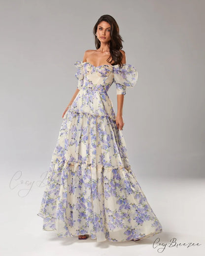 Hydrangea Feminine Voluminous Charming Sheer Sleeves Dress