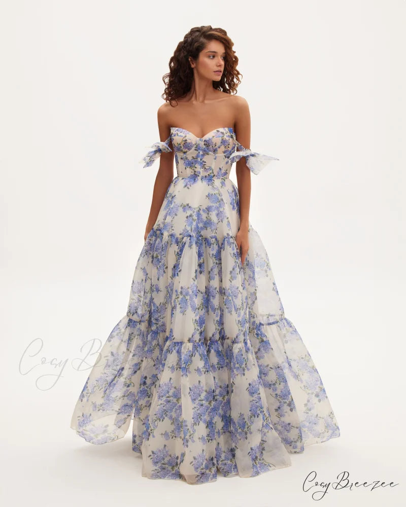 Hydrangea Tender Floral Charming Maxi Tie-Strap Dress