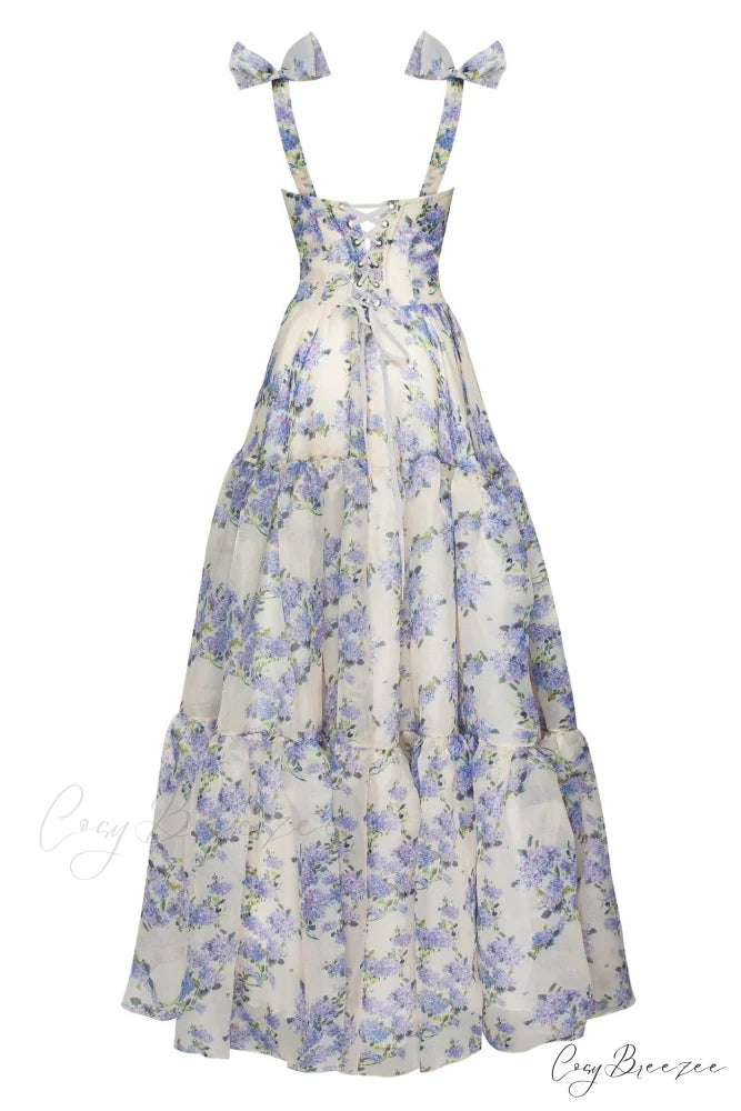Hydrangea Tender Floral Charming Maxi Tie-Strap Dress