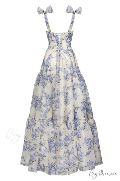 Hydrangea Tender Floral Charming Maxi Tie-Strap Dress