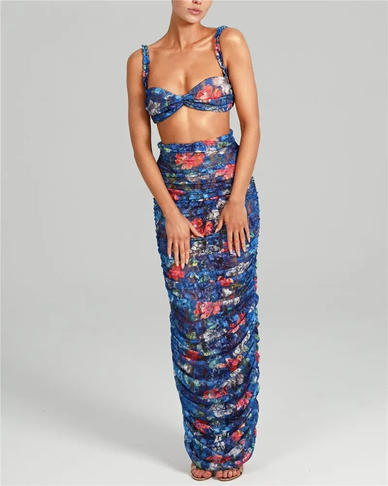 Alyssa Strapless Ruched Print Sexy Top And Skirt Set