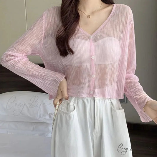 Ice Silk See-Through Thin Single Breasted Pink Knit Cardigan cardiagn-250126