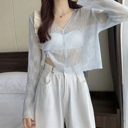 Ice Silk See-Through Thin Single Breasted Pink Knit Cardigan cardiagn-250126