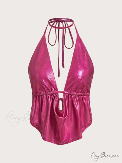ICON Draped Front Backless Knot Hanky Hem Halter Top Hot Pink / XS