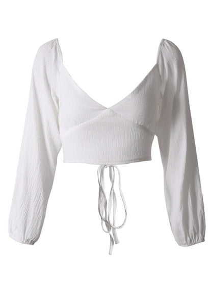 long-sleeved with strap crop top V-neck Women's tie