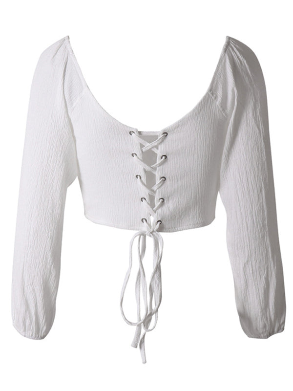 long-sleeved with strap crop top V-neck Women's tie