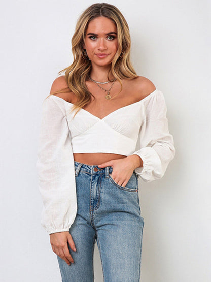 long-sleeved with strap crop top V-neck Women's tie